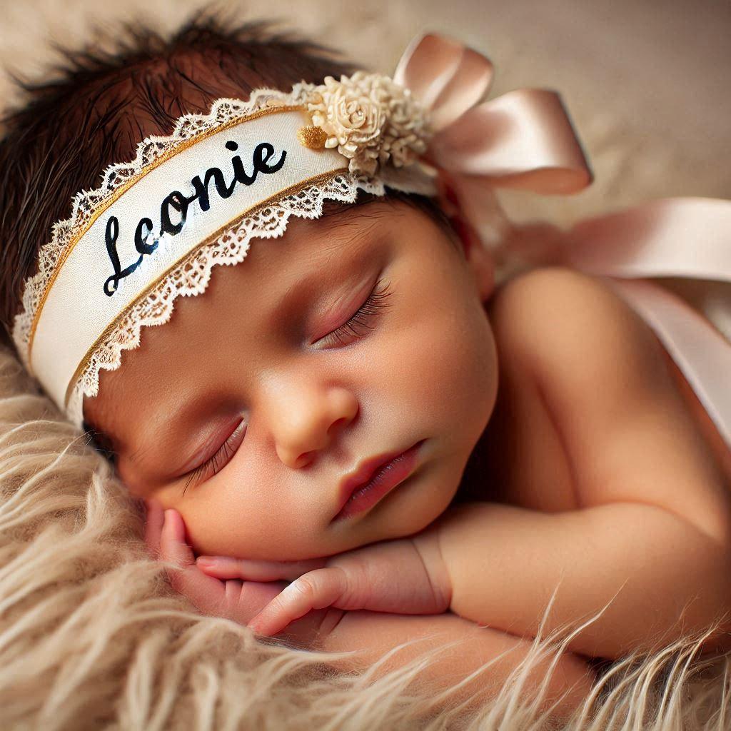 Petit bebe qui dort avec un bandeau personnalise avec le prenom de leonie photo professionnelle