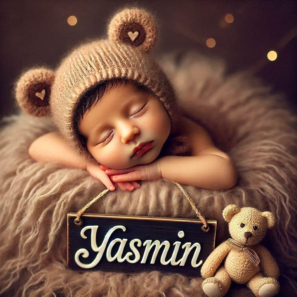 Petit bebe qui dort avec un bonnet avec des oreilles dours avec le prenom yasmin