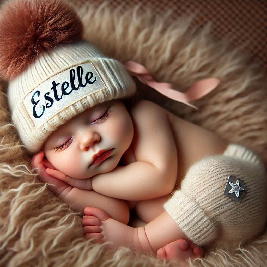 Petit bebe qui dort avec un bonnet personnalise avec le prenom estelle