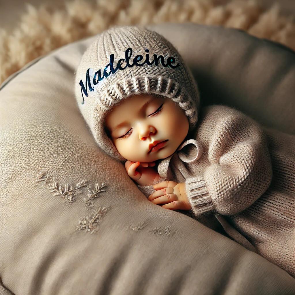 Petit bebe qui dort avec un bonnet personnalise avec le prenom madeleine