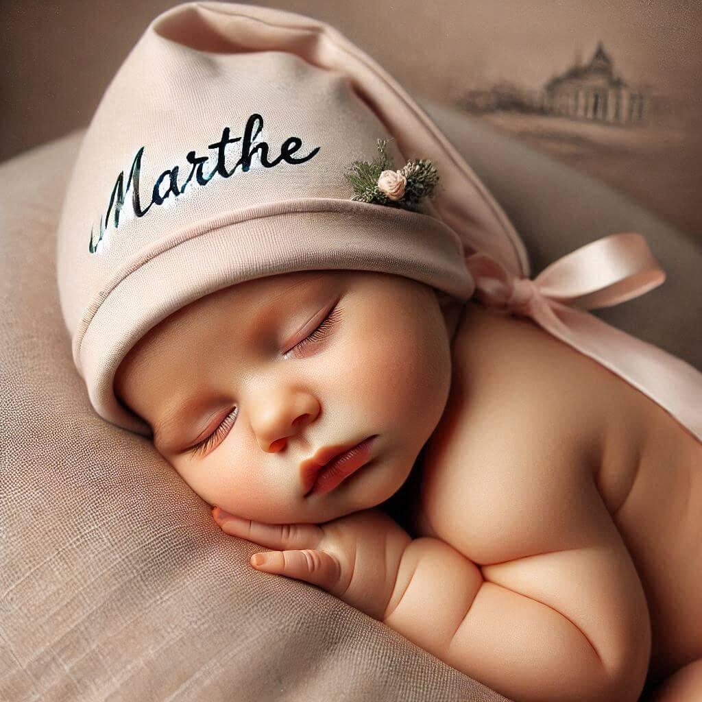 Petit bebe qui dort avec un bonnet personnalise avec le prenom marthe