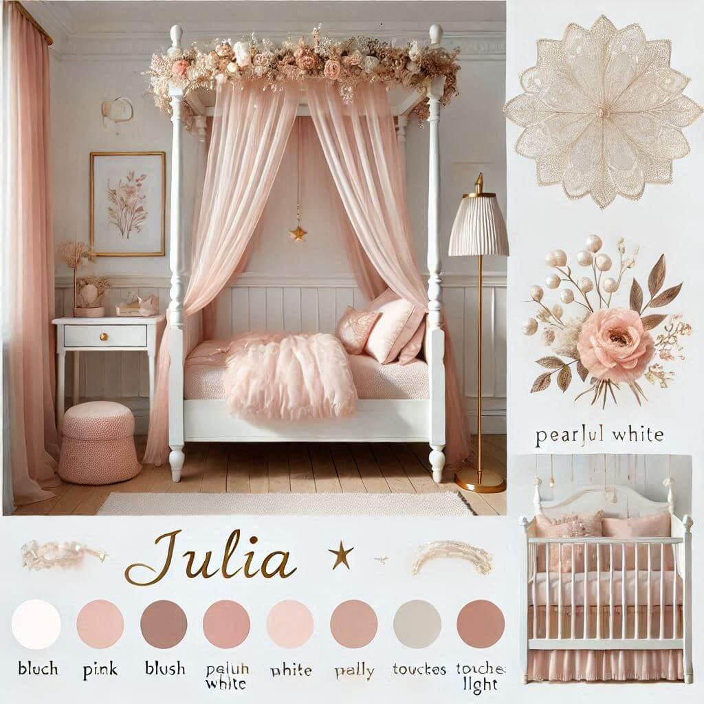 Pour une chambre denfant portant le prenom julia une ambiance romantique et feminine serait ideale optez pour des couleurs douces comme le rose poudre le blanc nacre et des touches