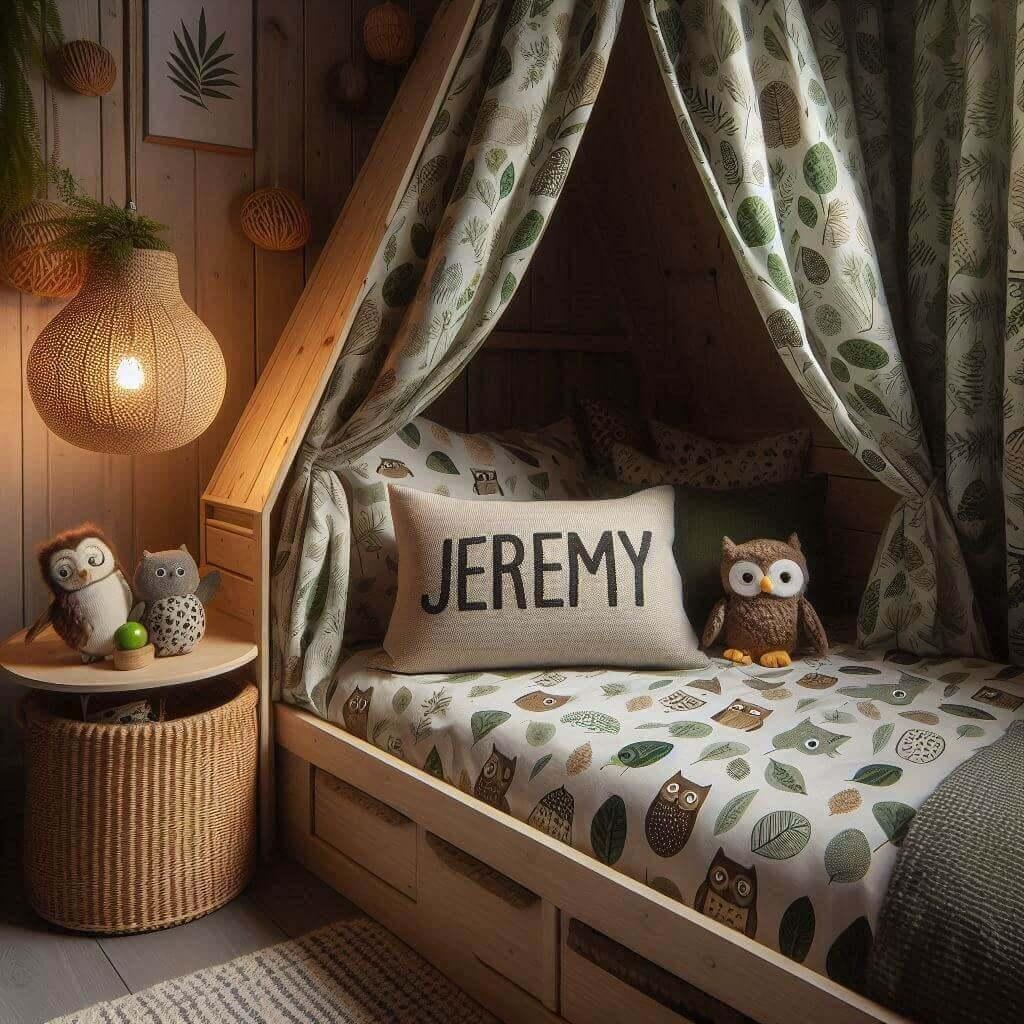 Prenom jeremy ecrit sur le coussin avec un lit cabane sur le theme de la foret les draps et les rideaux sont des motifs de feuilles de hibou lampe en rotin tamisee 2