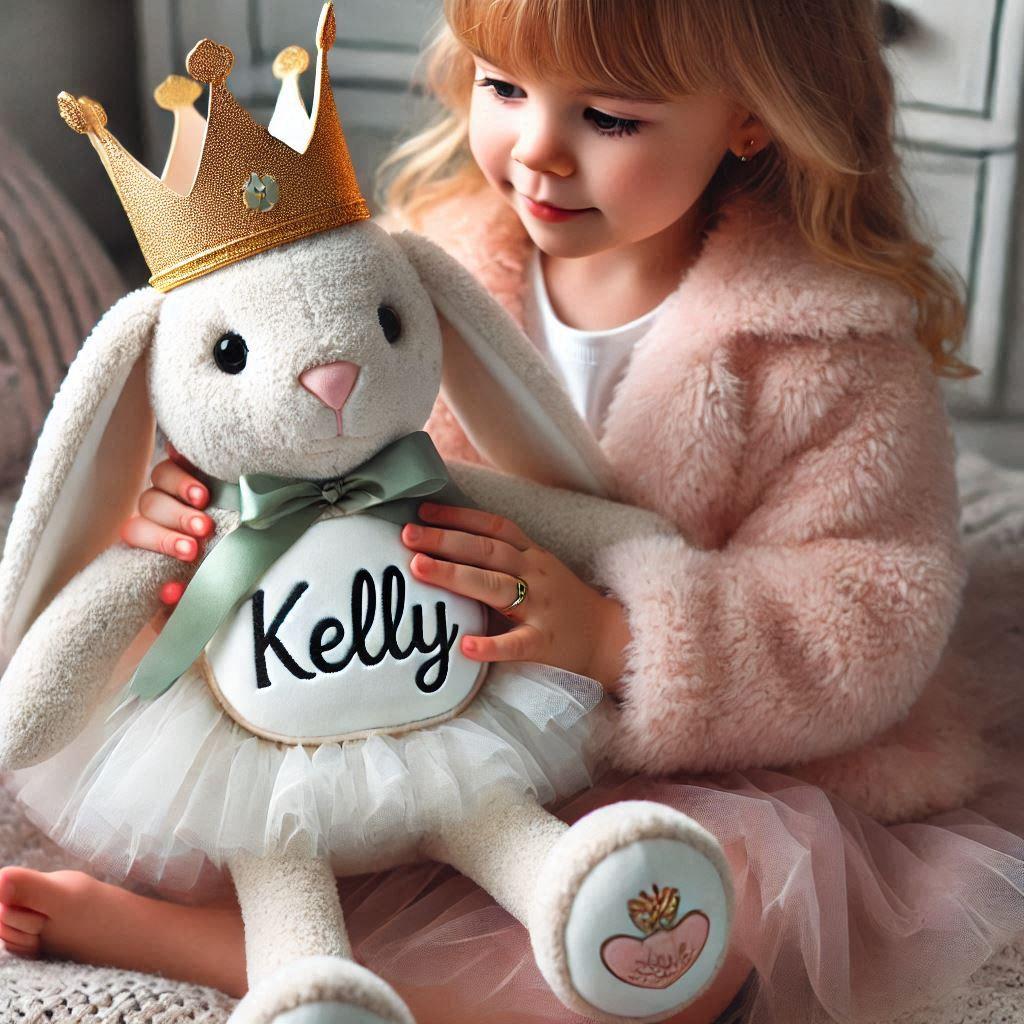 Prenom kelly sur une peluche lapin avec une couronne dans les mains dune petite fille