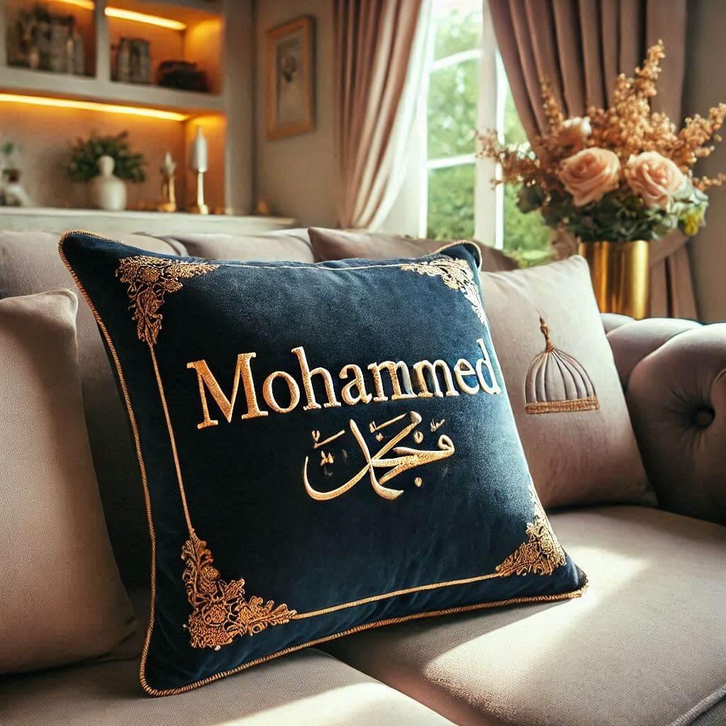 Prenom mohammed sur un coussin bleu nuit