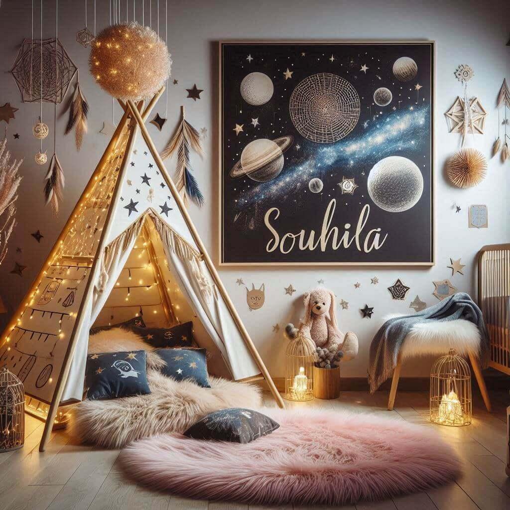 Prenom souhila dans une chambre de petite fille avec un tipi