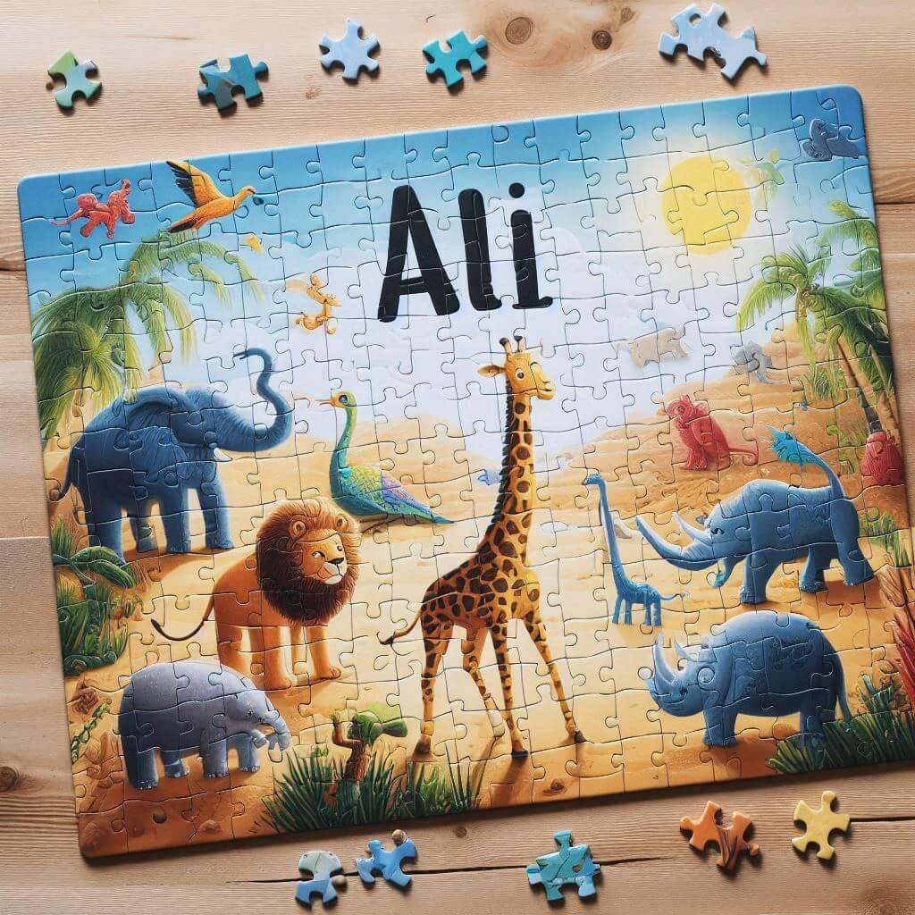 Puzzle personnalise avec le prenom ali integre dans limage theme animaux du desert