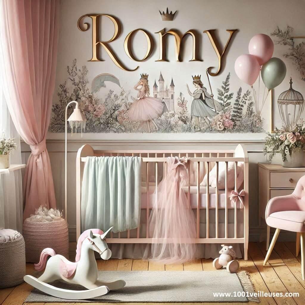 decoration de chambre bebe moderne pour fille, conte et legenre, prénom Romy