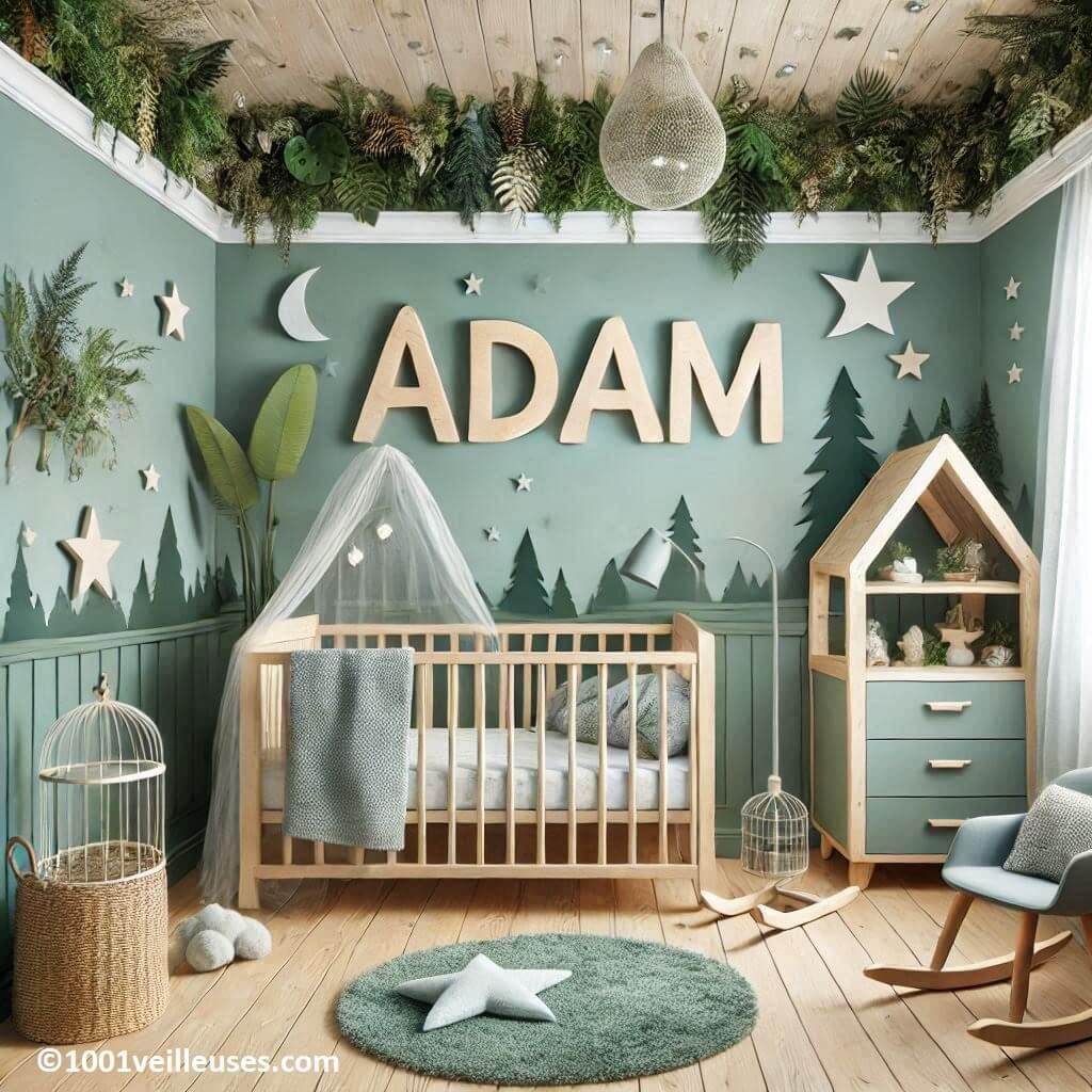 Une belle chambre de bebe garcon avec le prenom adam theme foret couleur vert eau, avec un lit cabane