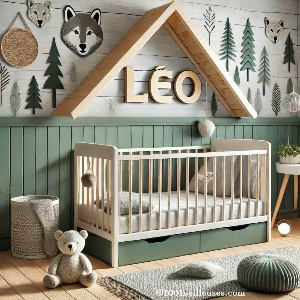 Realistic baby boys room decoration name leo forest theme light green color with a cabin bed 3