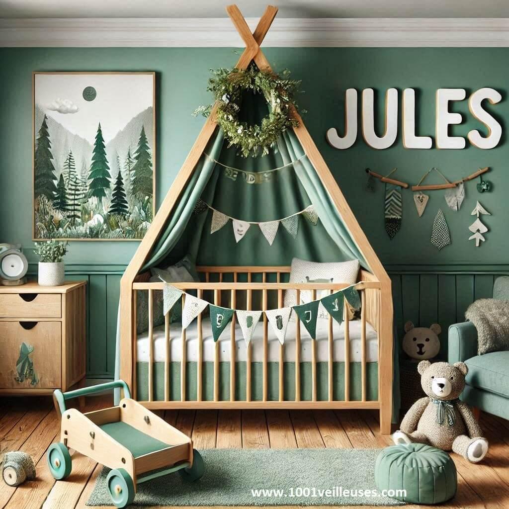 Realistic baby boys room decoration with the name jules forest theme water green color with a cabin bed 2