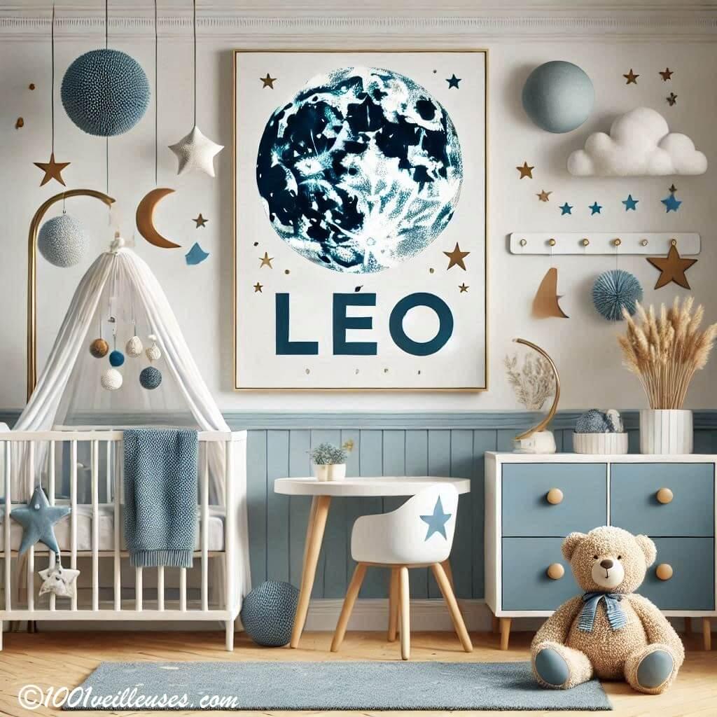 Realistic baby boys room decoration with the name leo ocean theme light blue navy blue mustard and white colors