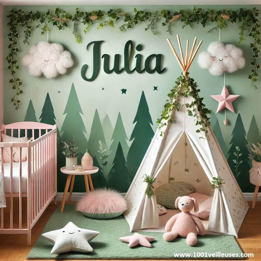 Realistic baby girls room decoration with the name julia forest theme water green color pastel pink ivy with a small tipi and cloud and star plush toys