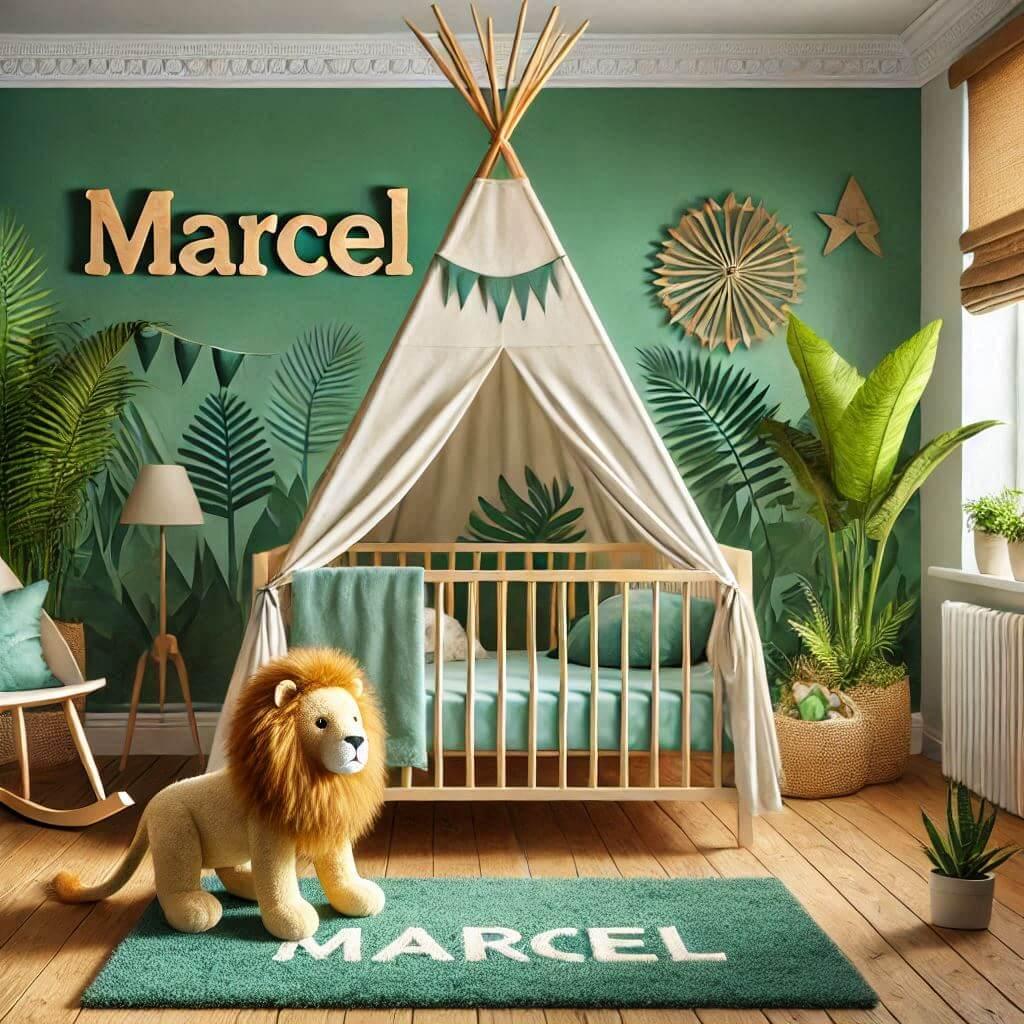 chambre enfant bebe, theme jungle, lit tipi, avec le prenom Marcel