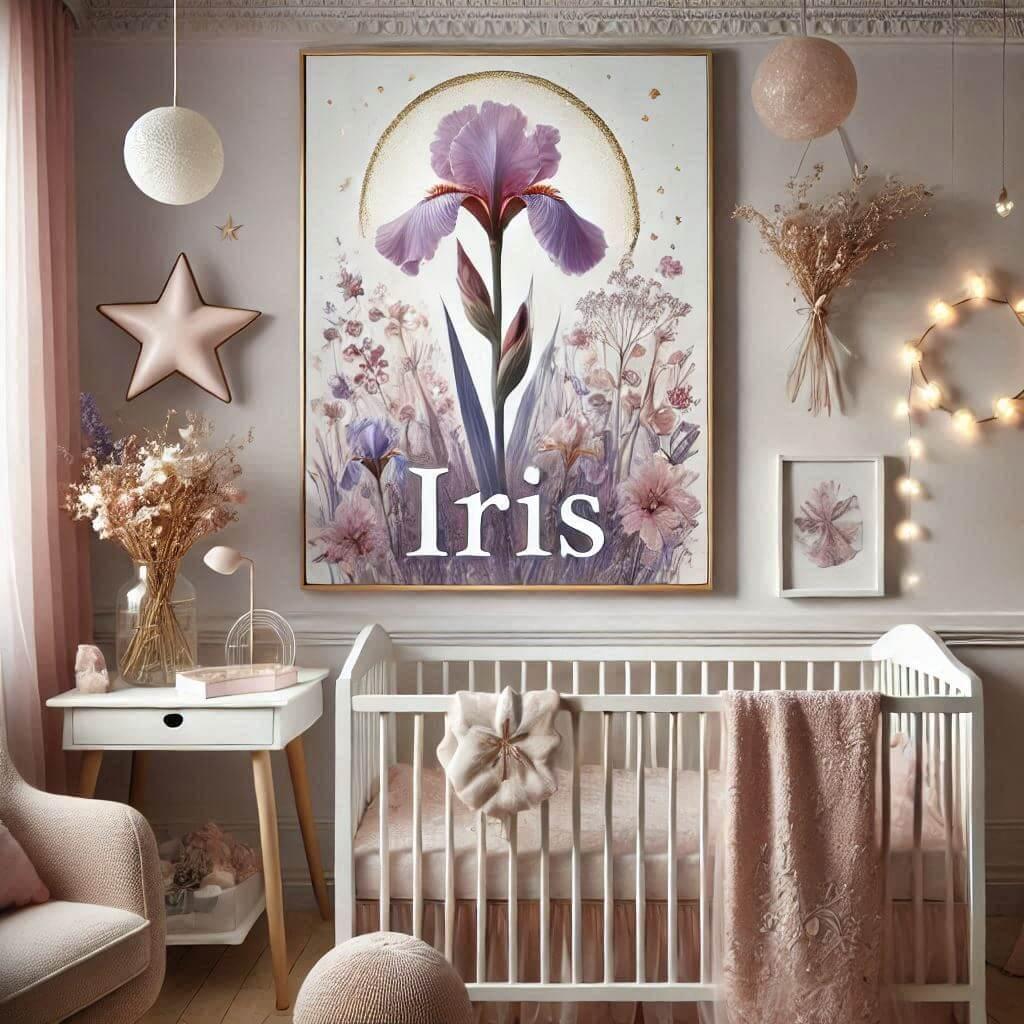 Décoration de chambre pour bébé avec le nom Iris, couleurs pastel et univers poétique