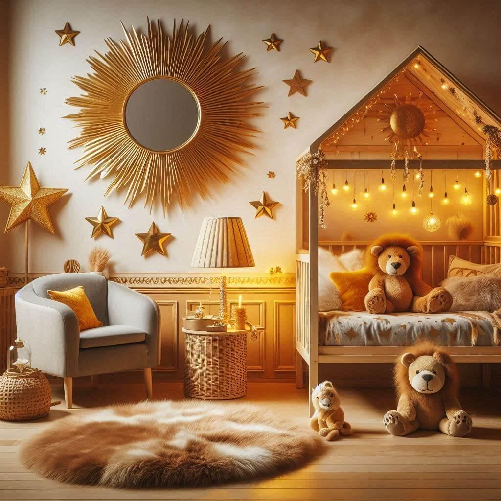 Realistic baby room with a majestic cabin bed a small mirror in the shape of the sun star cushions and fur carpet a miniature childs armchair colors gold orange yellow and brown gl