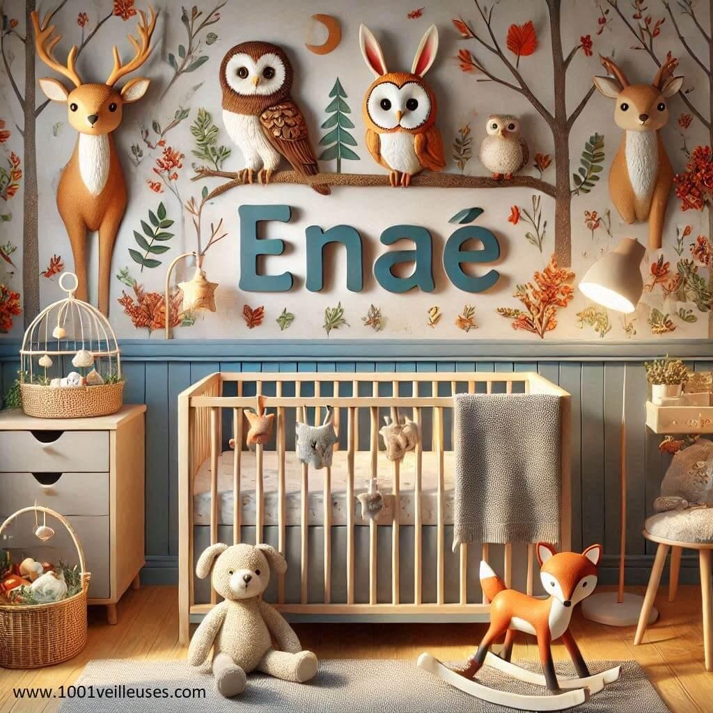 Realistic baby room with the name enae forest theme featuring deer owl rabbit fox autumn theme 2 1