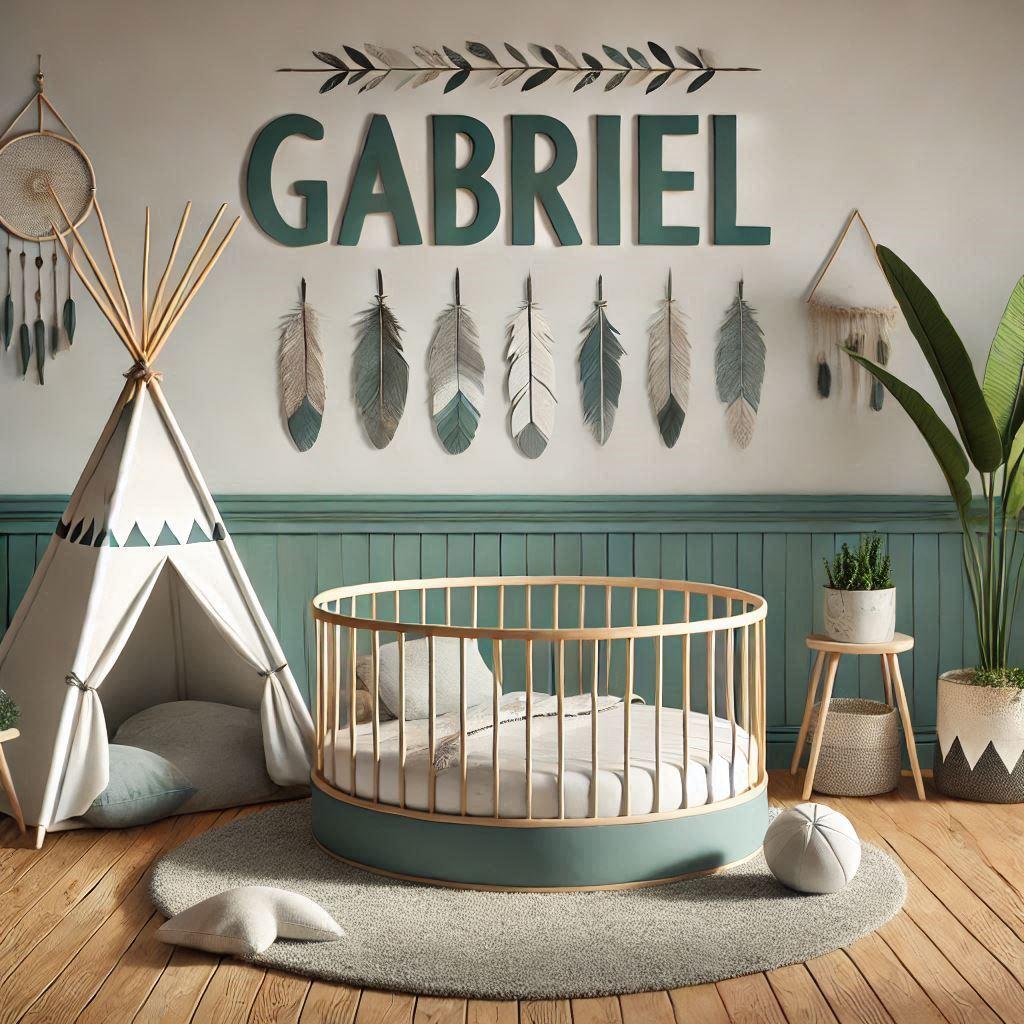 prénom Gabriel, chambre bebe garcon, décoration vert d'eau, avec lit et tipi