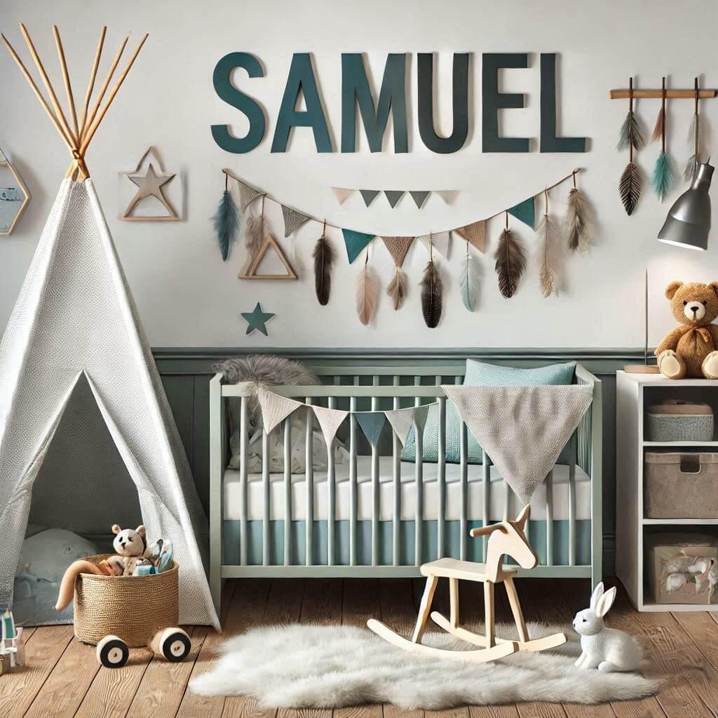 Realistic baby room with the name samuel featuring a simple bed in sea green gray blue and white colors a tipi feathers a cube shelf toys a lit rabbit lamp and a fur rug 1