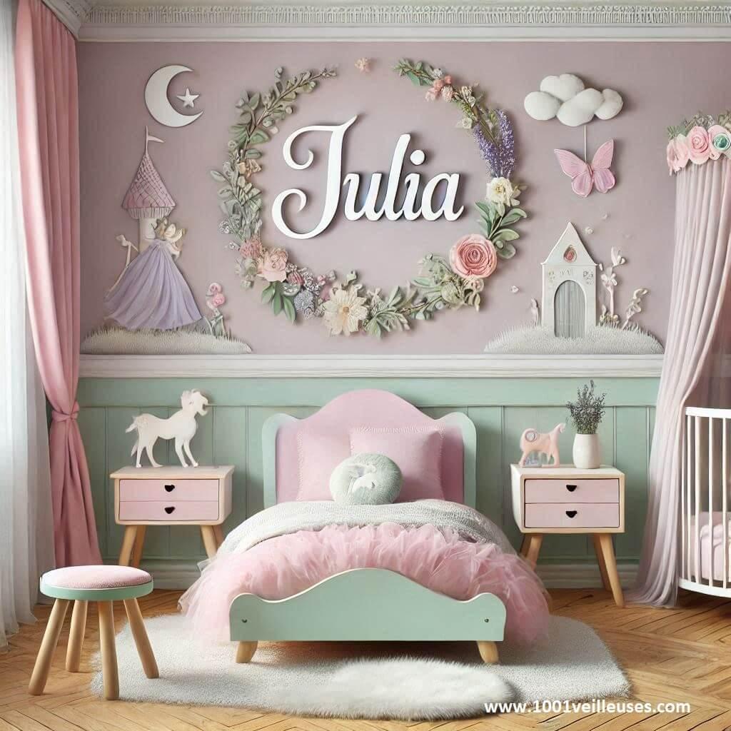 Décoration de chambre d'enfant, personnalisée avec le prénom Julia, sur le thème des contes de fées