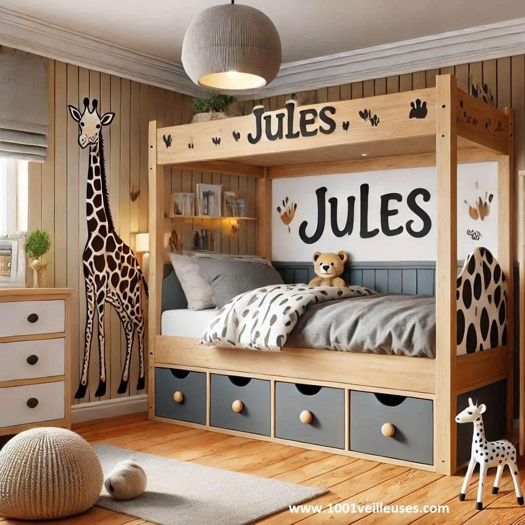 Realistic child bedroom decoration savanna theme with a cabin bed and drawers with the name jules