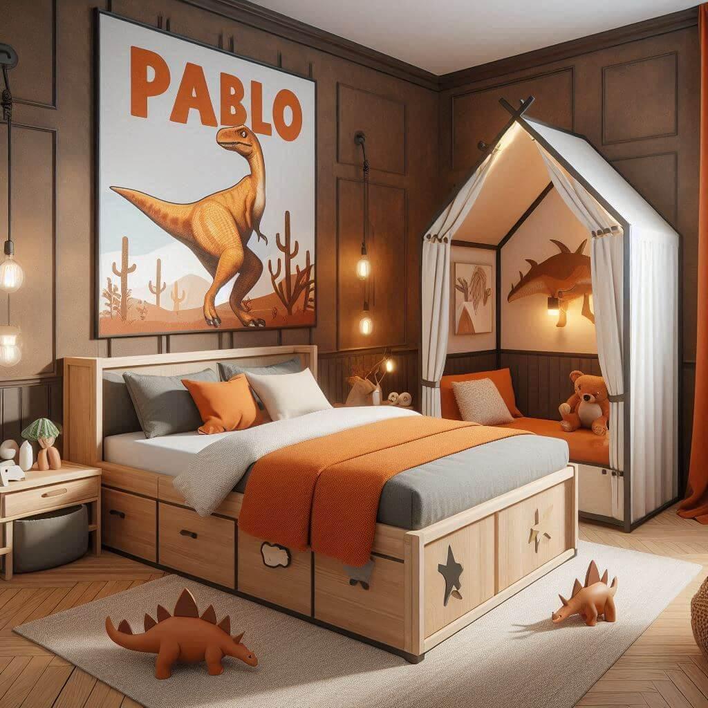 Realistic child bedroom decoration with a dinosaur theme named pablo with a cabin bed in orange sand and brown colors 2