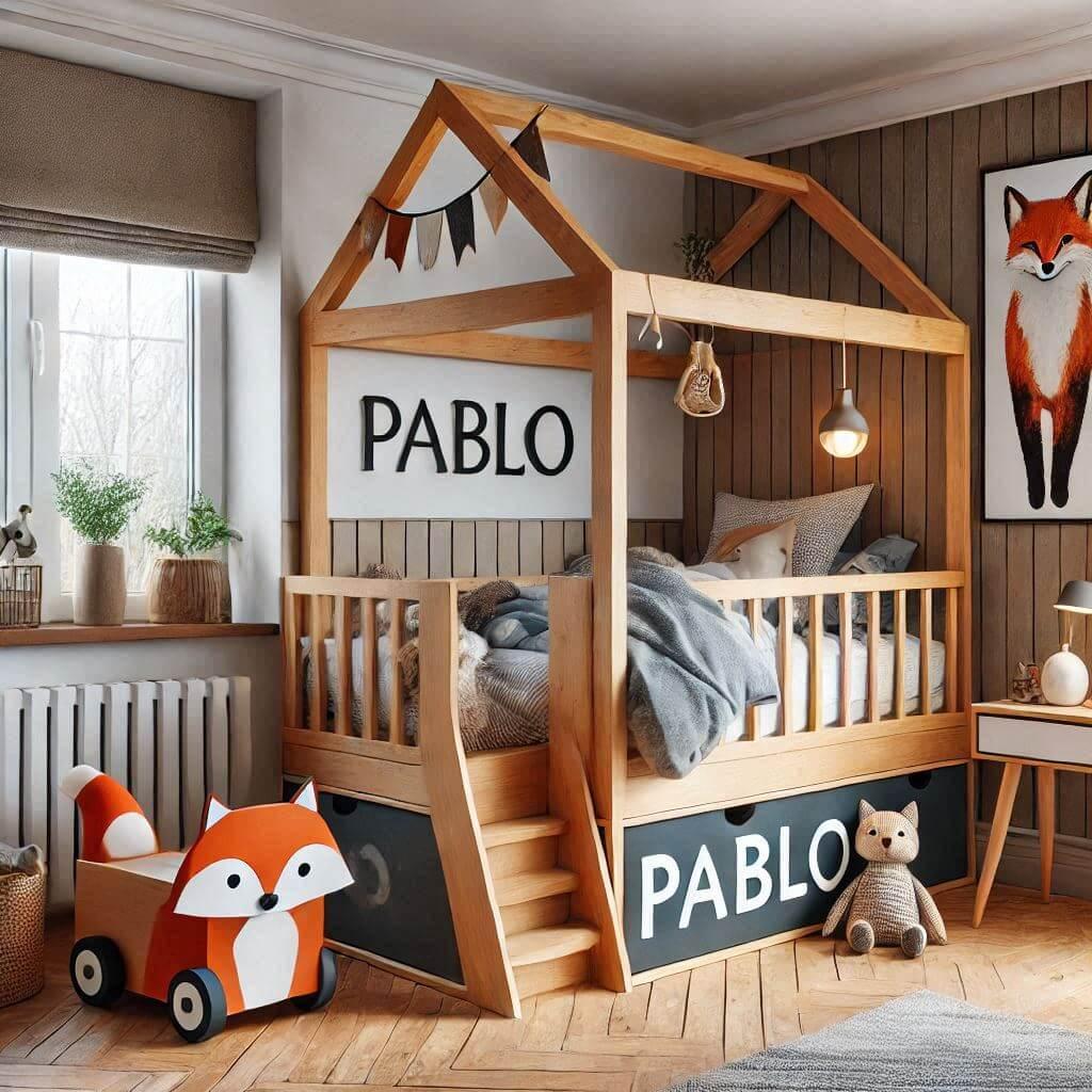 Realistic child bedroom decoration with a fox theme and a cabin bed where one can play at the bottom named pablo