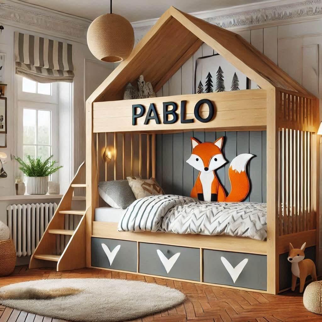 Realistic child bedroom decoration with a fox theme and a cabin bed with the name pablo 2