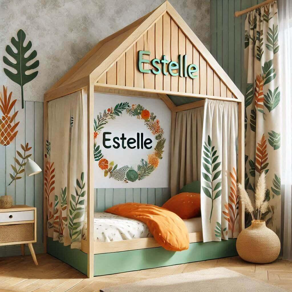 Realistic child bedroom decoration with a jungle theme named estelle featuring an original cabin bed in orange sand brown and mint green tones the cabin bed has leaf patterned curt