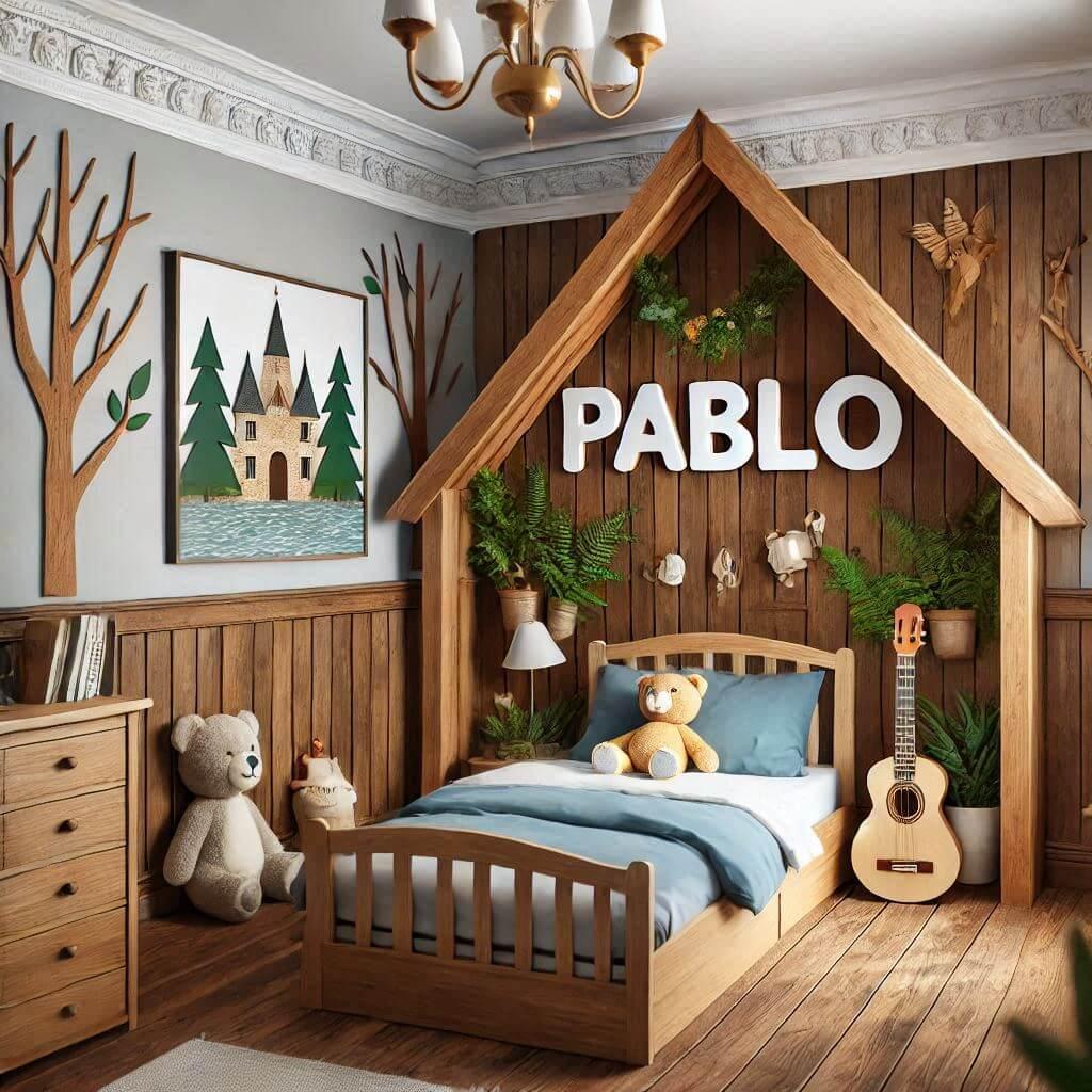 Realistic child bedroom forest theme with cabin bed with the name pablo