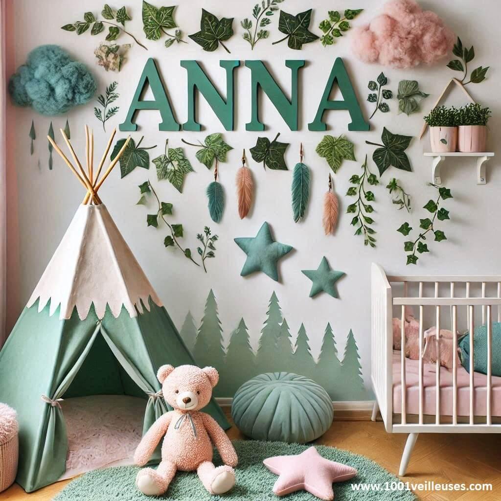 Realistic decoration of a baby girls room with the name anna forest theme water green color pastel pink ivy a small tipi and cloud and star plush toys 1