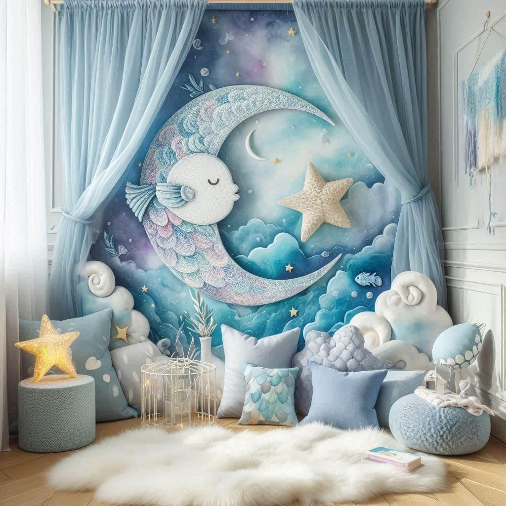 idee décoration de chambre de bébé, theme poisson, sirene, de la mer, avec coin lecture, nuances de teintes de bleues et blanches