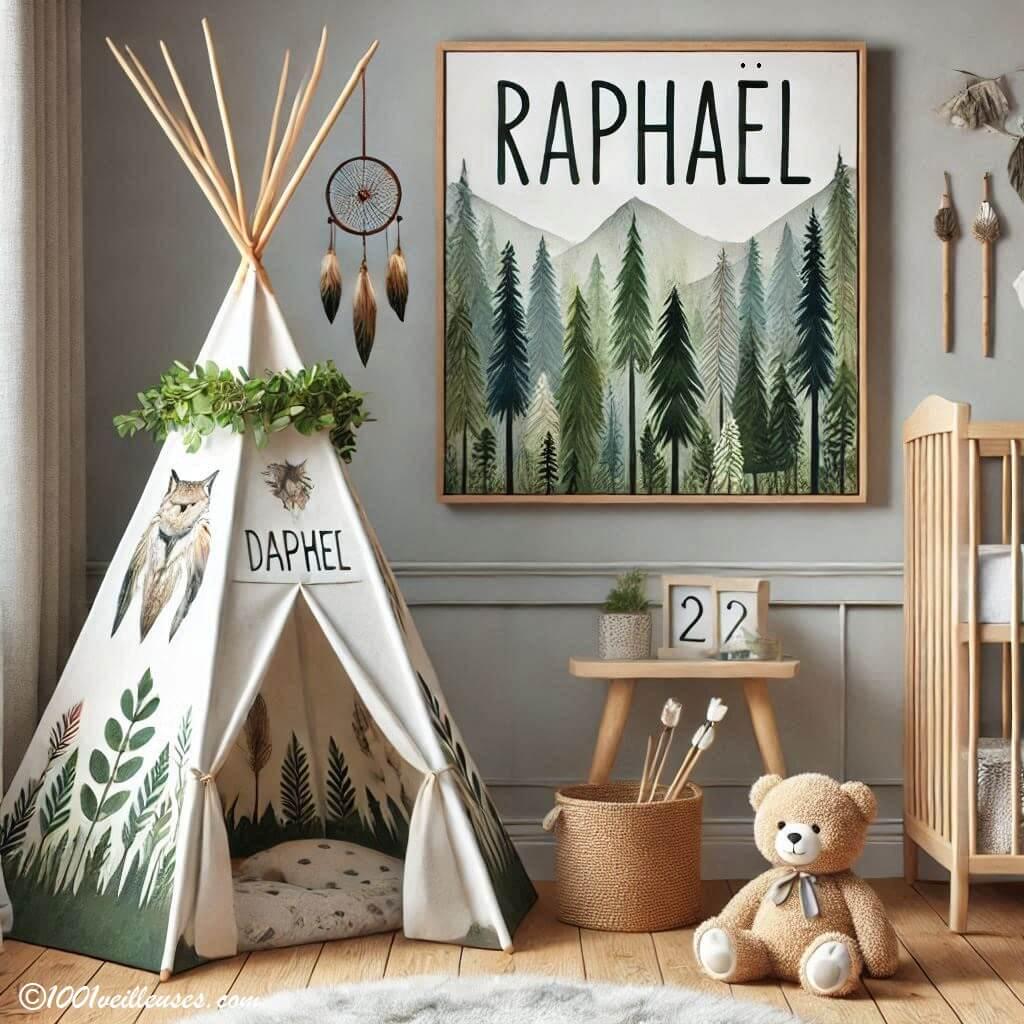 Realistic image of a baby boys room decoration with a forest theme including a tipi with the name raphael 1