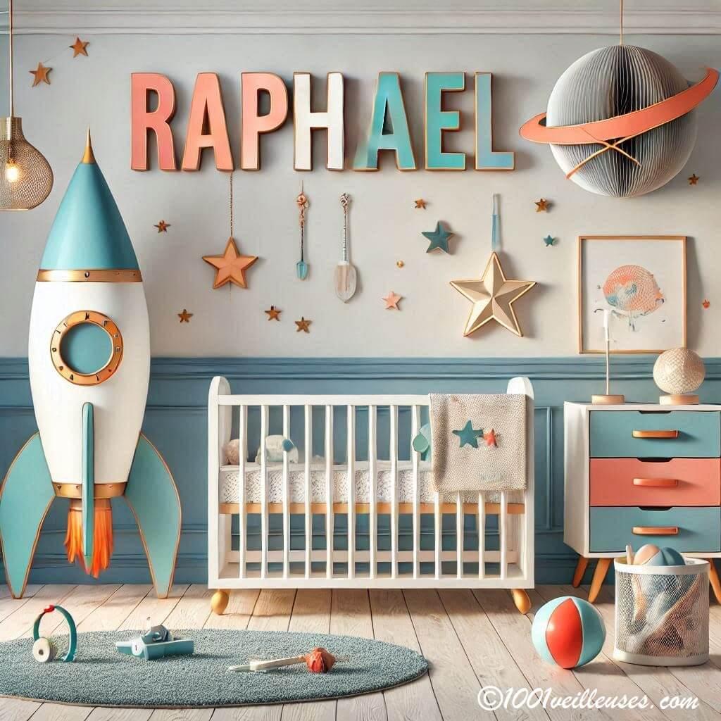 Realistic image of a baby boys room decoration with a space and rocket theme pastel colors with the name raphael 1