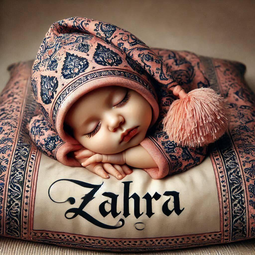 petite fille endormie avec le prénom Zahra en français sur son chapeau à motifs orientaux, allongée sur un grand coussin.