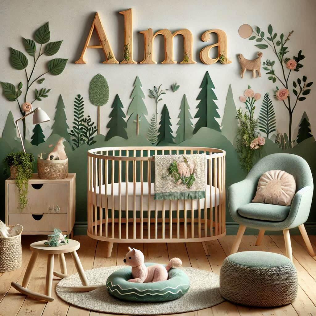 Realistic image of a baby girls room decoration with the name alma forest theme water green and natural wood colors