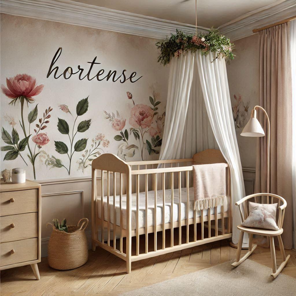 Chambre de bébé fille nommée Hortense avec un thème bohémien floral, murs beige clair décorés de motifs floraux aquarelles roses et verts