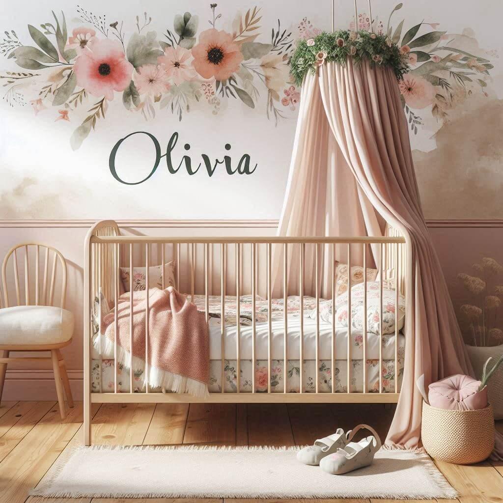 Realistic image of a baby girls room named olivia with a bohemian floral theme light beige walls with watercolor flower motifs in pink and green tones natural wood barbed bed bed c