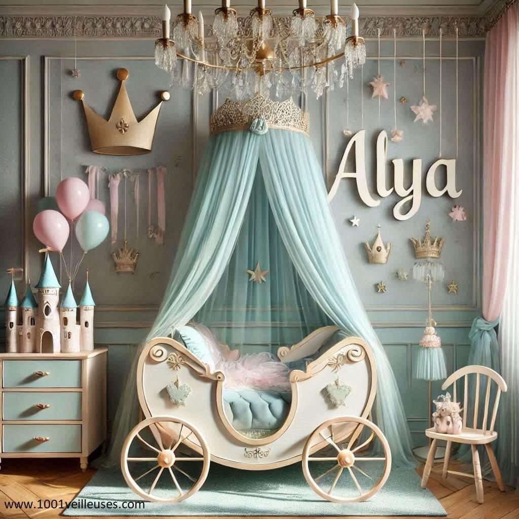 une belle chambre de bebe fille avec le prenom Alya theme princesse et chateau, avec un lit en forme de chateau, couleur vert menthe, rose pale