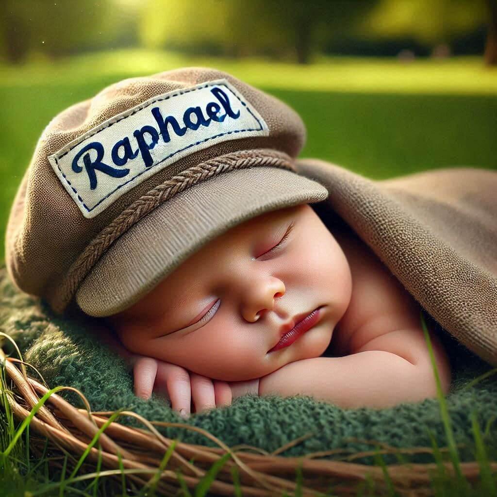 Realistic image of a baby sleeping in a park with the name raphael on the hat 1