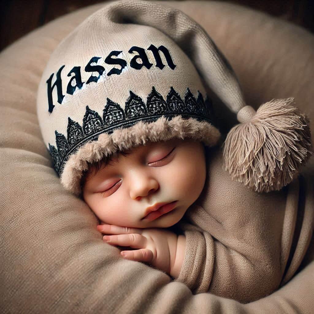 petit bébé avec un bonnet au prénom de hassan