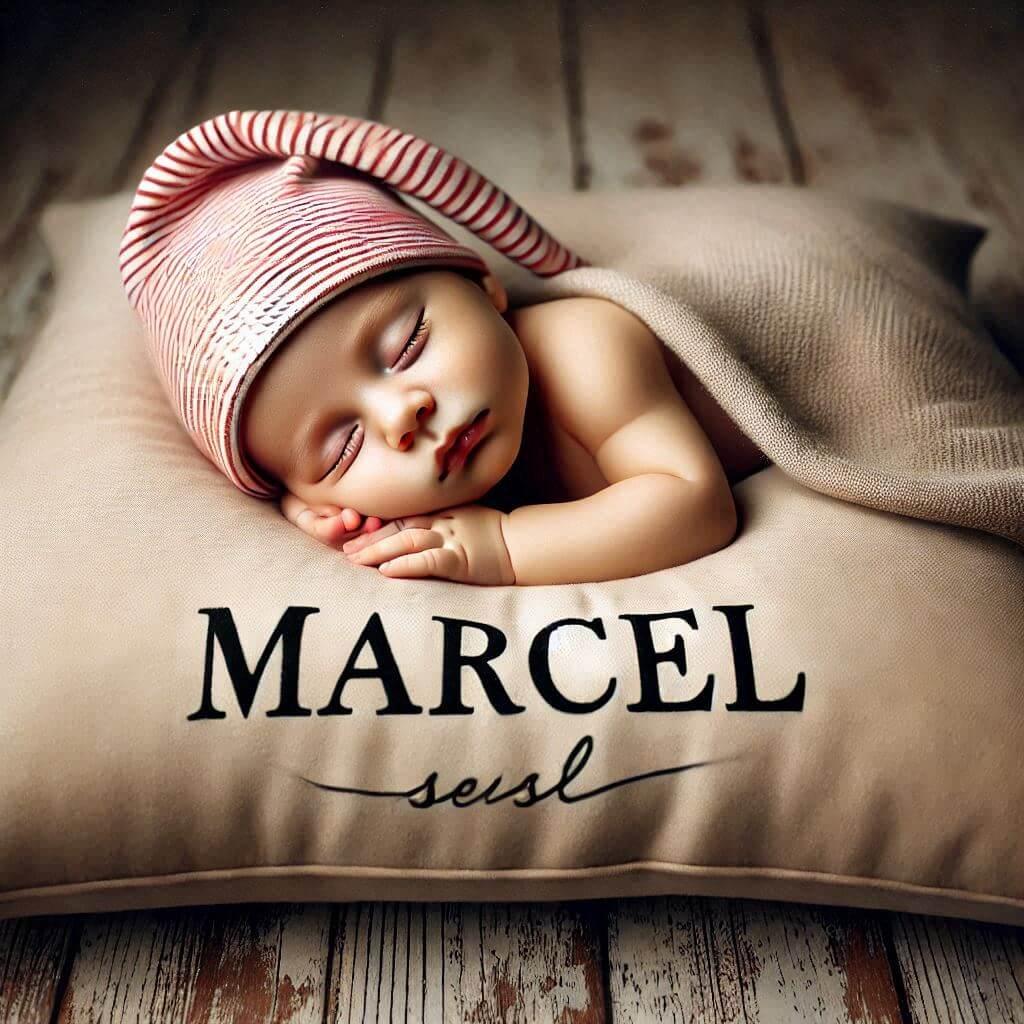 coussin prénom marcel, petit bébé endormi