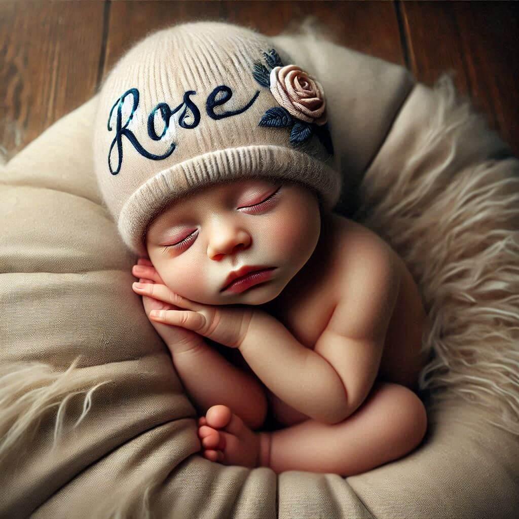 Realistic image of a baby sleeping with the name rose written on the hat lying on a big cushion professional photo 2