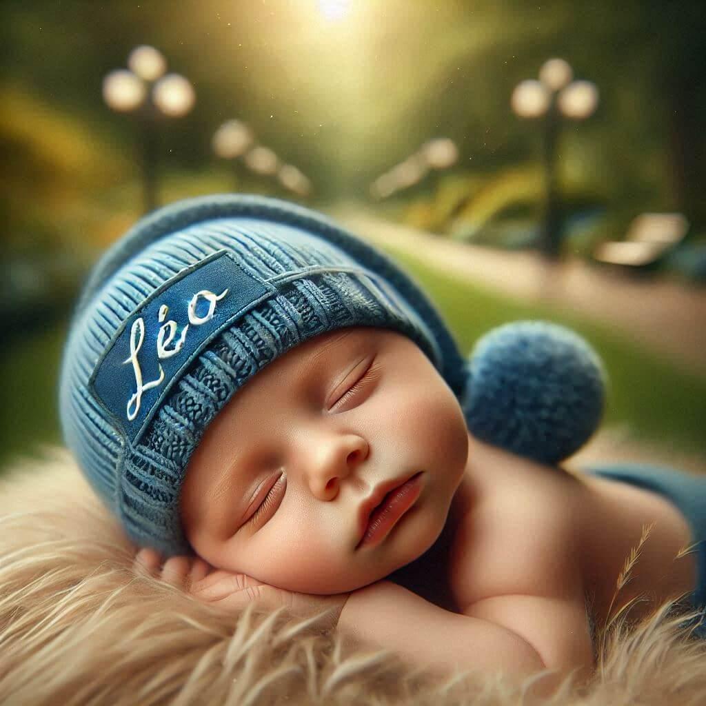 Realistic image of a baby with the name leo on the hat sleeping in a park