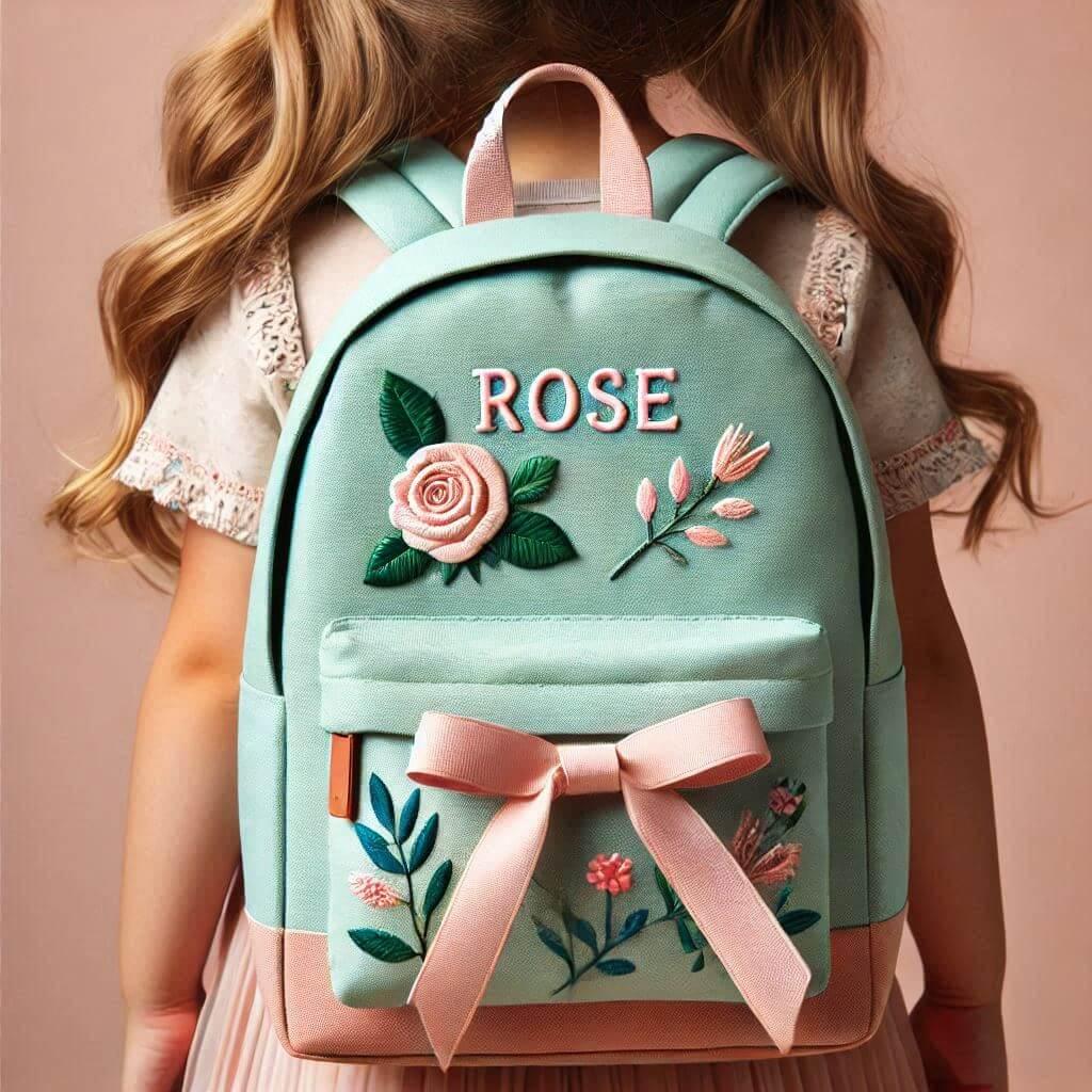 Realistic image of a backpack with the name rose sea green and pastel pink color on the back of a little girl at school 1