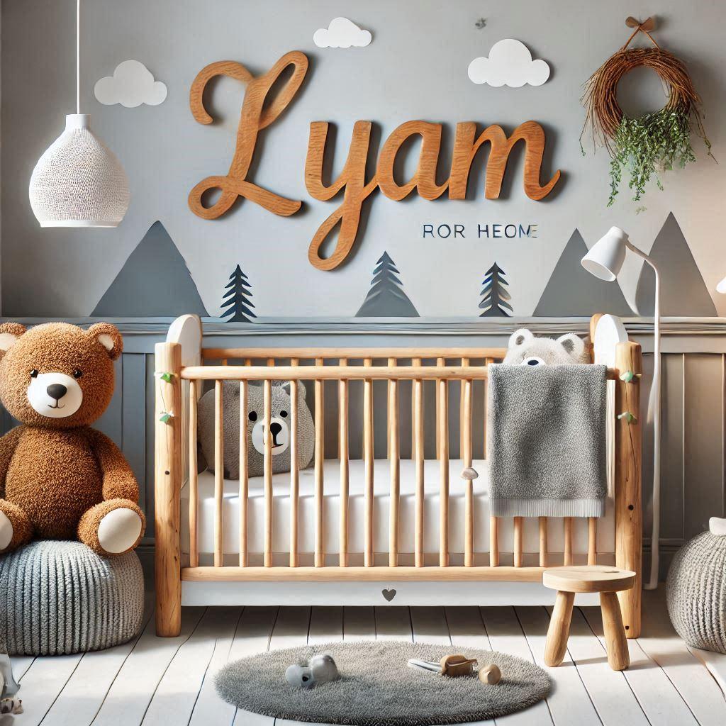 Realistic image of a beautiful baby boys room with the name lyam bear theme with a cabin bed