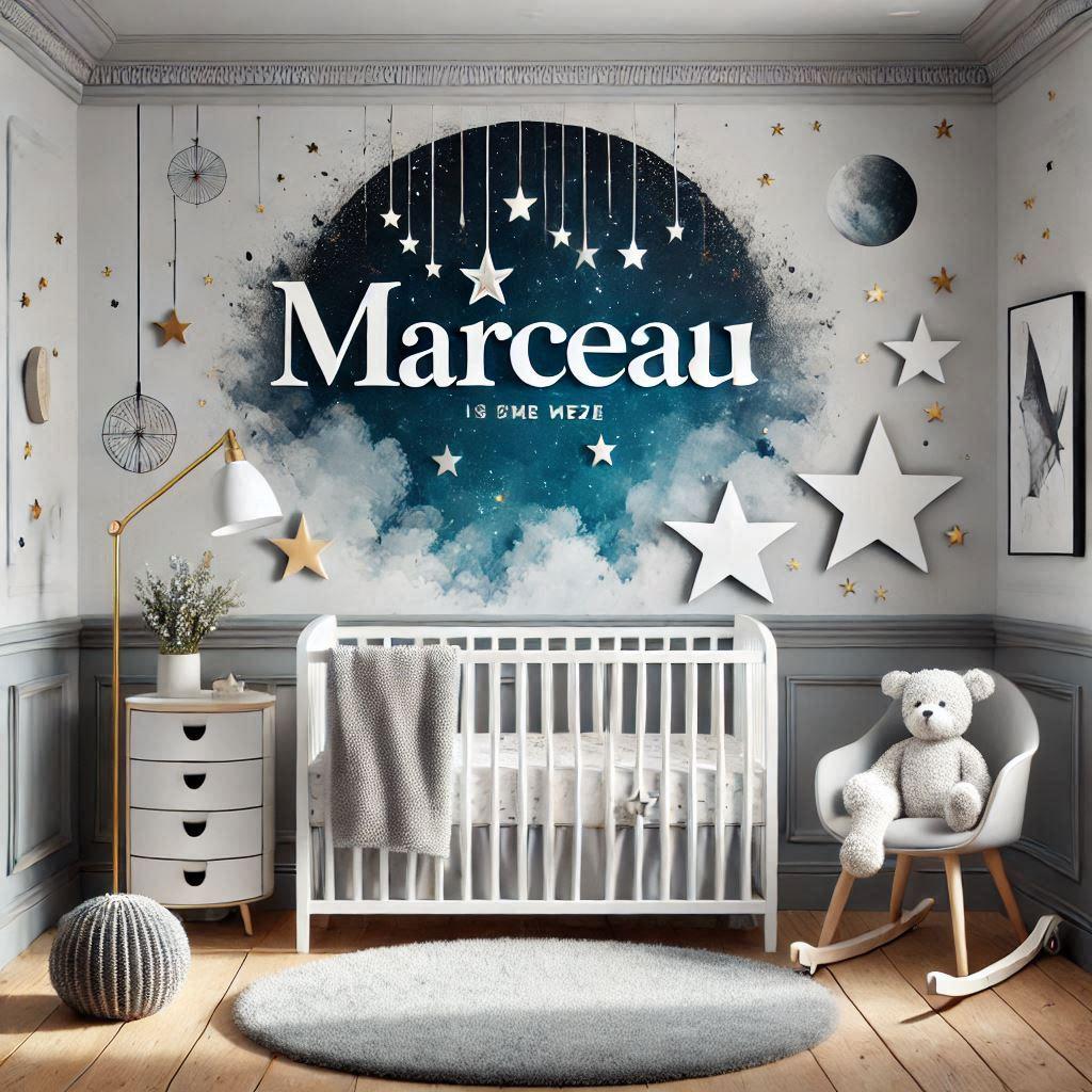 Realistic image of a beautiful baby boys room with the name marceau starry sky theme in space