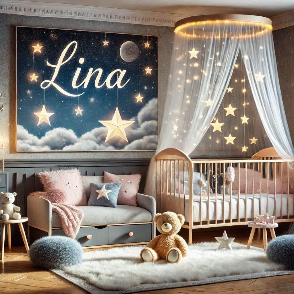 Realistic image of a beautiful baby girls room with the name lina on a starry sky theme poster with soft cushions a fur rug star cushions a canopy bed a bed with a drawer