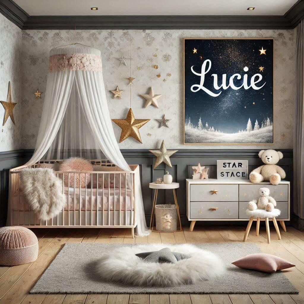 Realistic image of a beautiful baby girls room with the name lucie on a starry sky theme poster with soft cushions a fur rug star cushions a canopy bed a bed with a drawer 1