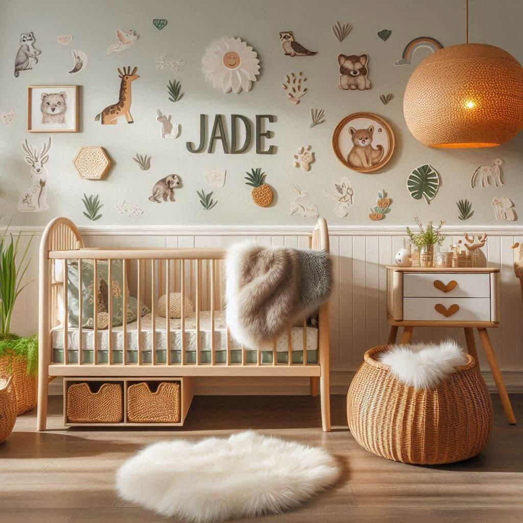 Image d'une chambre de petite fille avec stickers animaux, lit à tiroirs, prénom 